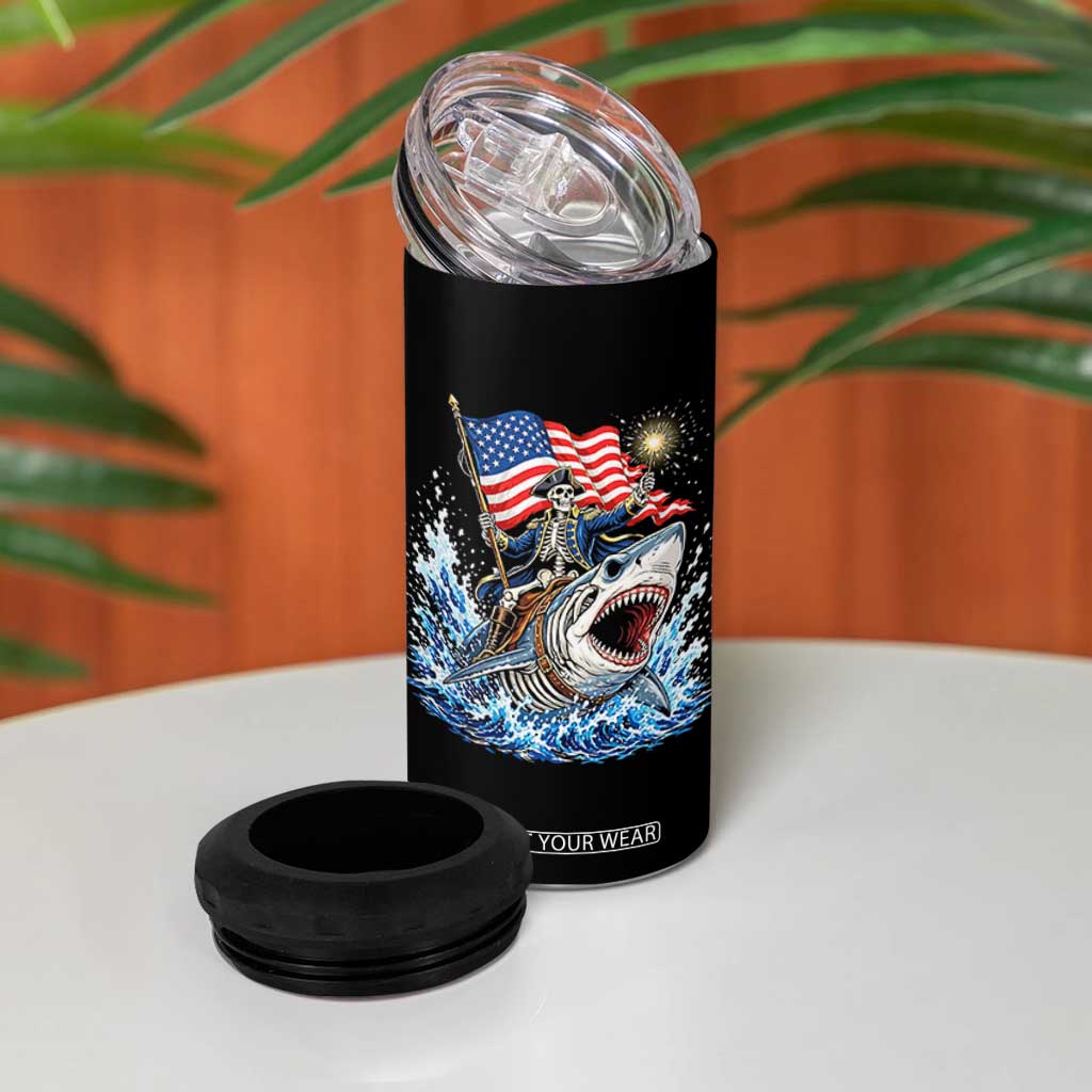 Patriotic Skeleton Pirate Riding Shark 4 in 1 Can Cooler Tumbler American Ocean Pride