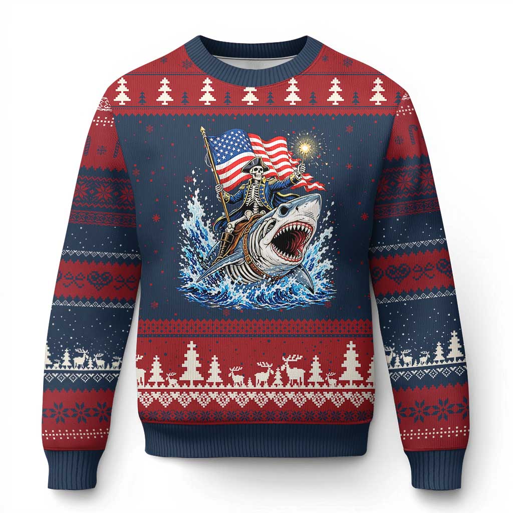 Patriotic Skeleton Pirate Riding Shark Ugly Christmas Sweater American Ocean Pride