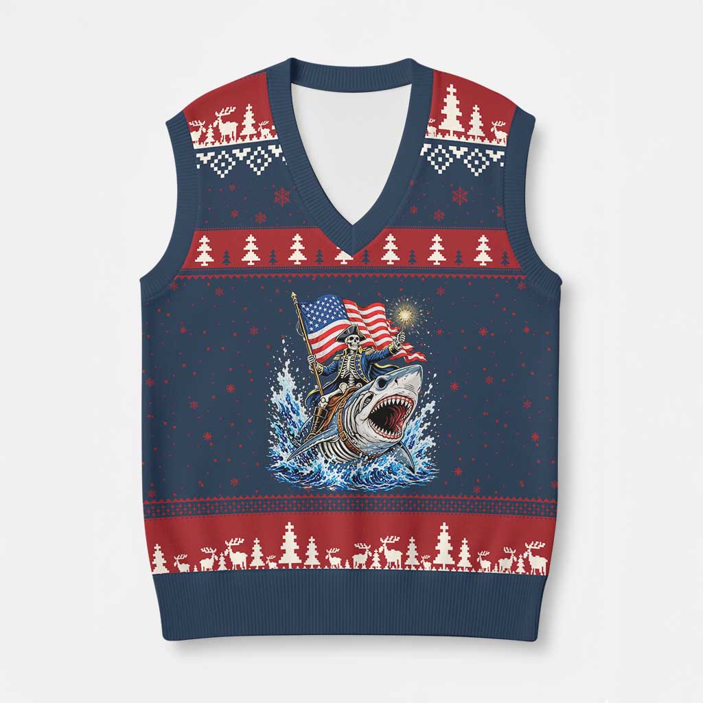 Patriotic Skeleton Pirate Riding Shark V-Neck Knit Sweater Vest American Ocean Pride