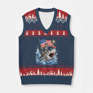 Patriotic Skeleton Pirate Riding Shark V-Neck Knit Sweater Vest American Ocean Pride