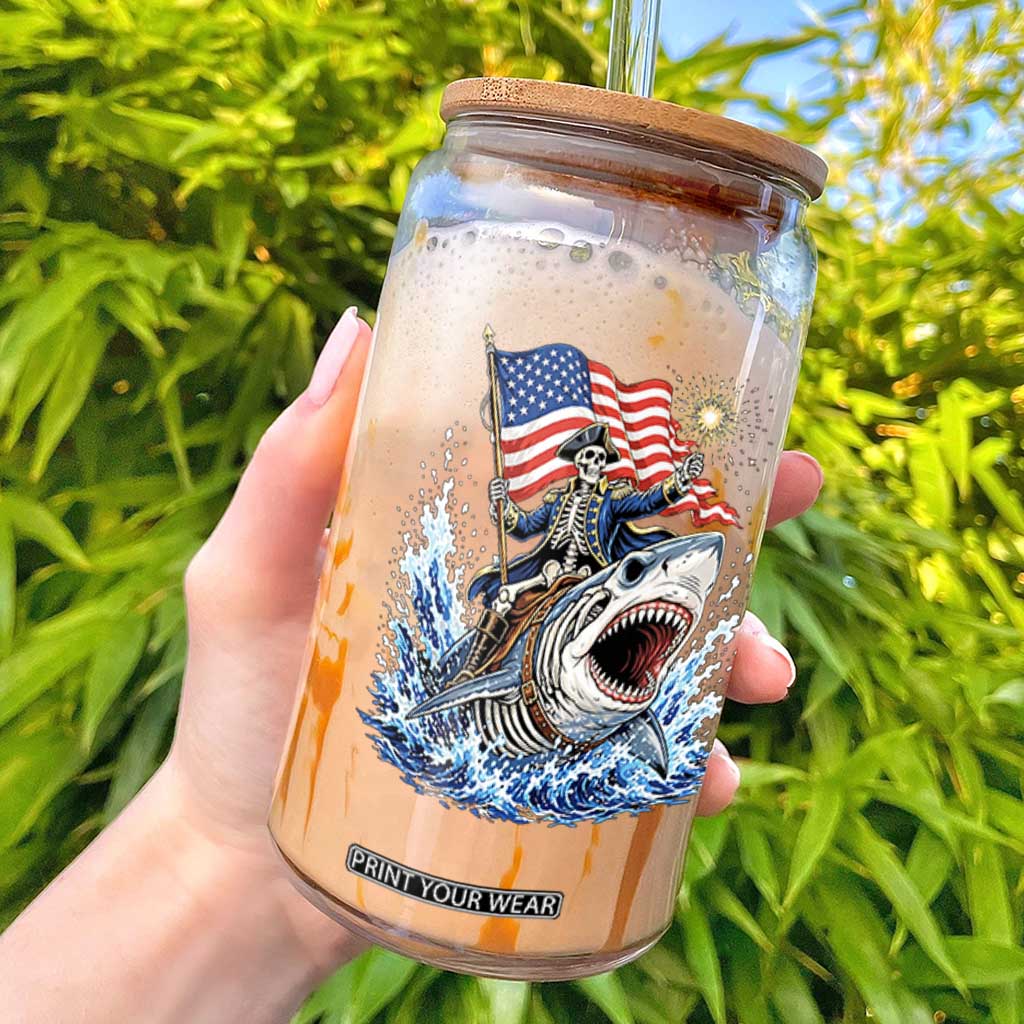 Patriotic Skeleton Pirate Riding Shark Glass Can American Ocean Pride