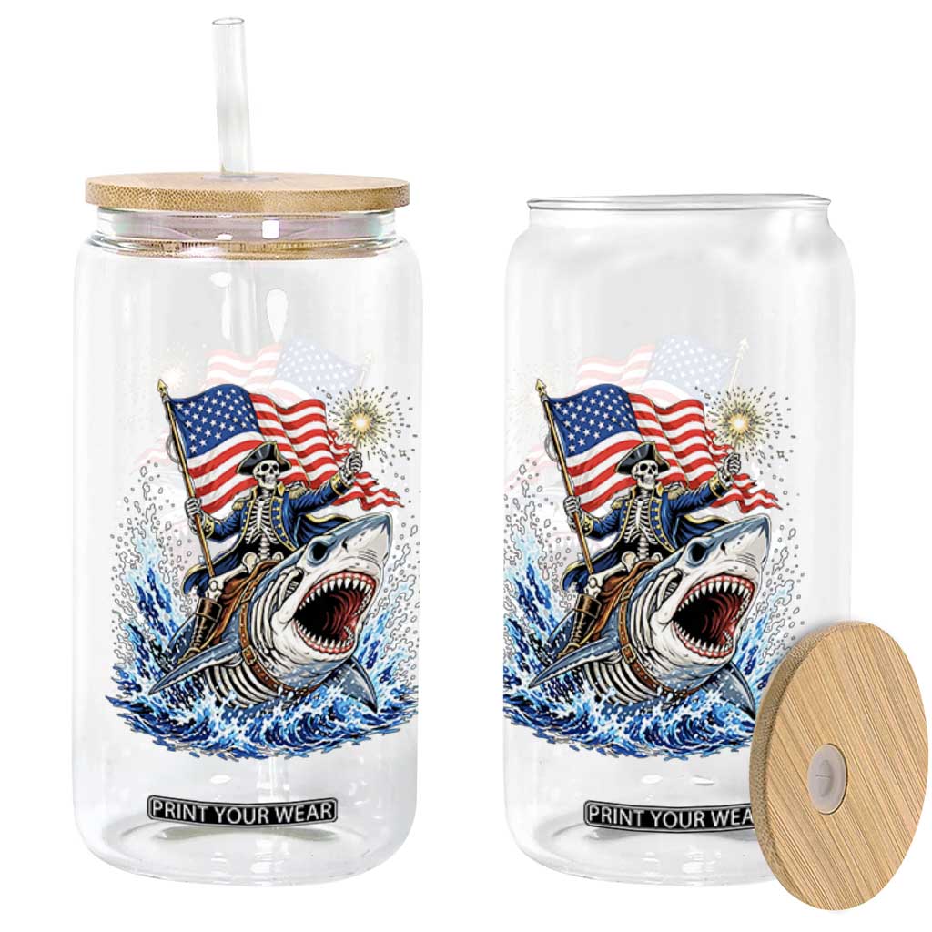 Patriotic Skeleton Pirate Riding Shark Glass Can American Ocean Pride