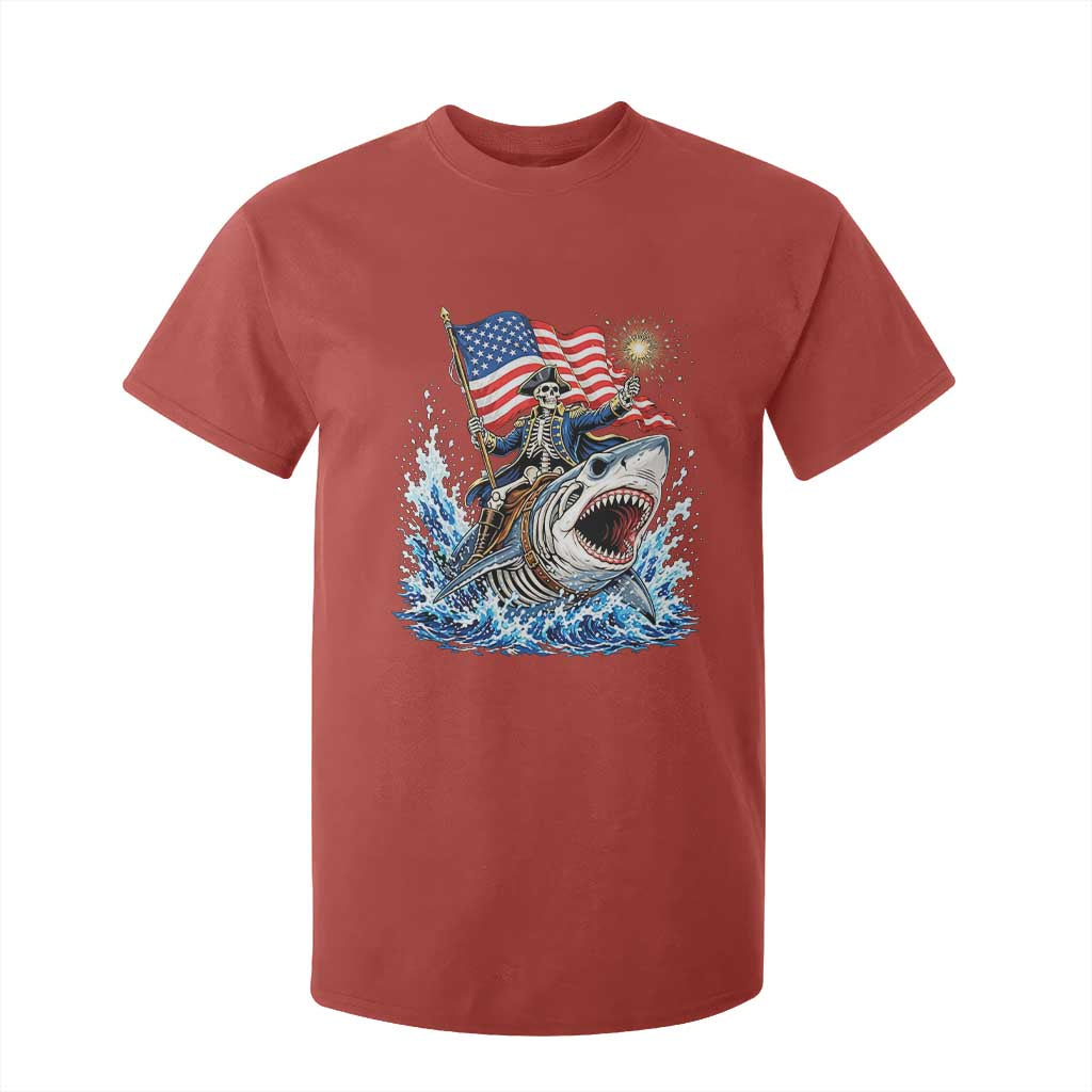 Patriotic Skeleton Pirate Riding Shark T Shirt For Kid American Ocean Pride