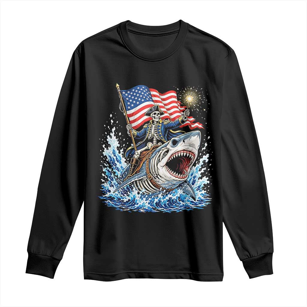 Patriotic Skeleton Pirate Riding Shark Long Sleeve Shirt American Ocean Pride