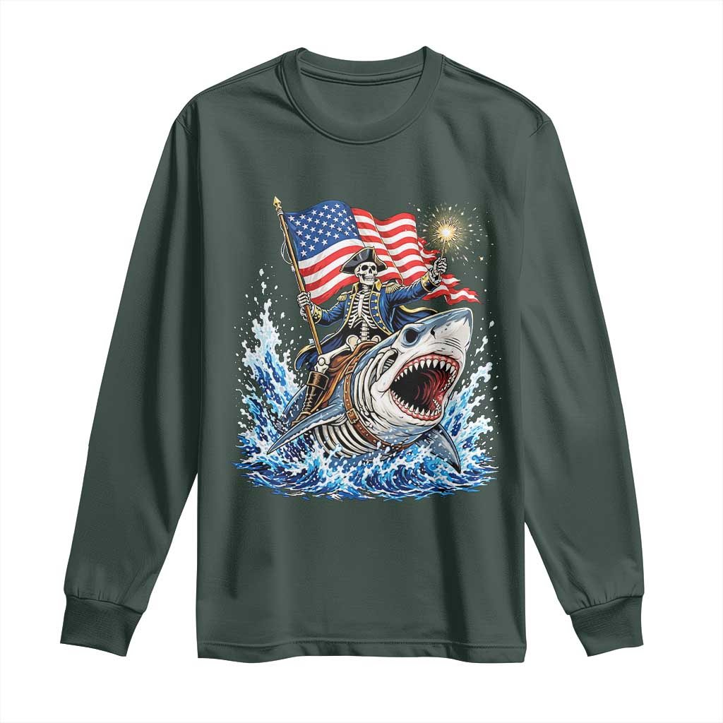 Patriotic Skeleton Pirate Riding Shark Long Sleeve Shirt American Ocean Pride