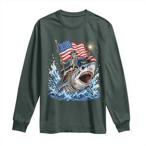 Patriotic Skeleton Pirate Riding Shark Long Sleeve Shirt American Ocean Pride