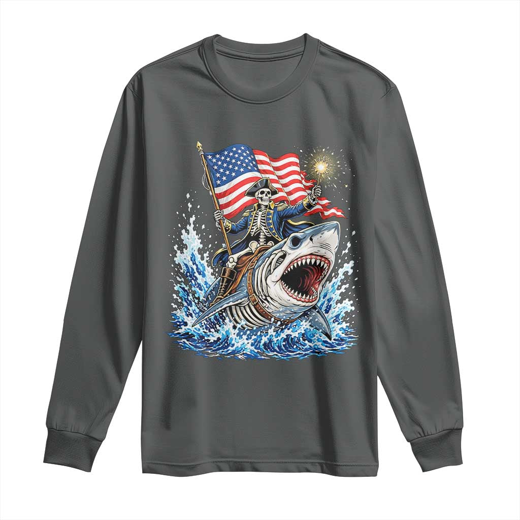 Patriotic Skeleton Pirate Riding Shark Long Sleeve Shirt American Ocean Pride