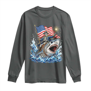 Patriotic Skeleton Pirate Riding Shark Long Sleeve Shirt American Ocean Pride