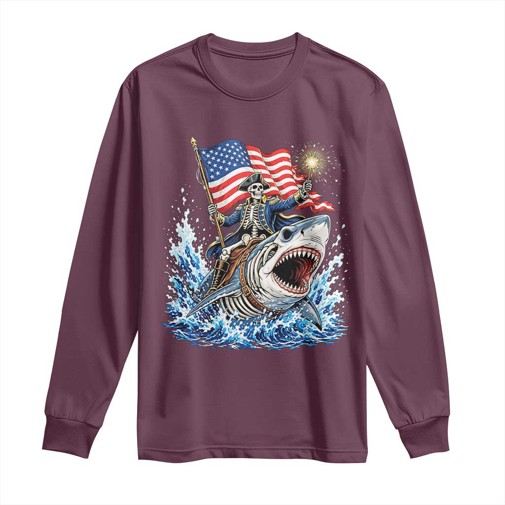Patriotic Skeleton Pirate Riding Shark Long Sleeve Shirt American Ocean Pride