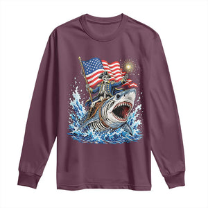Patriotic Skeleton Pirate Riding Shark Long Sleeve Shirt American Ocean Pride
