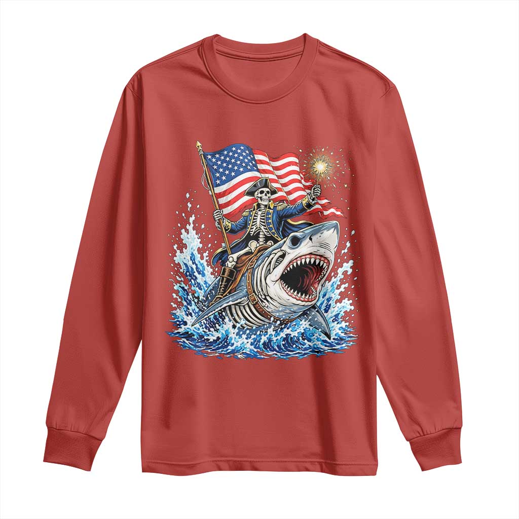 Patriotic Skeleton Pirate Riding Shark Long Sleeve Shirt American Ocean Pride
