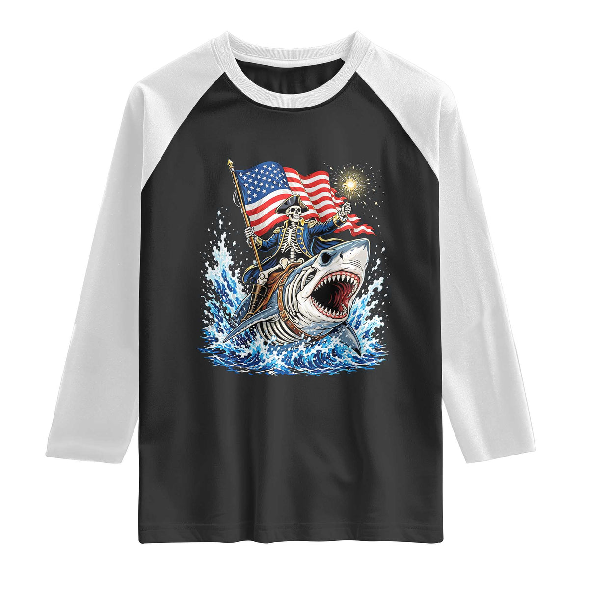 Patriotic Skeleton Pirate Riding Shark Raglan Shirt American Ocean Pride