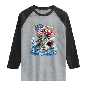 Patriotic Skeleton Pirate Riding Shark Raglan Shirt American Ocean Pride