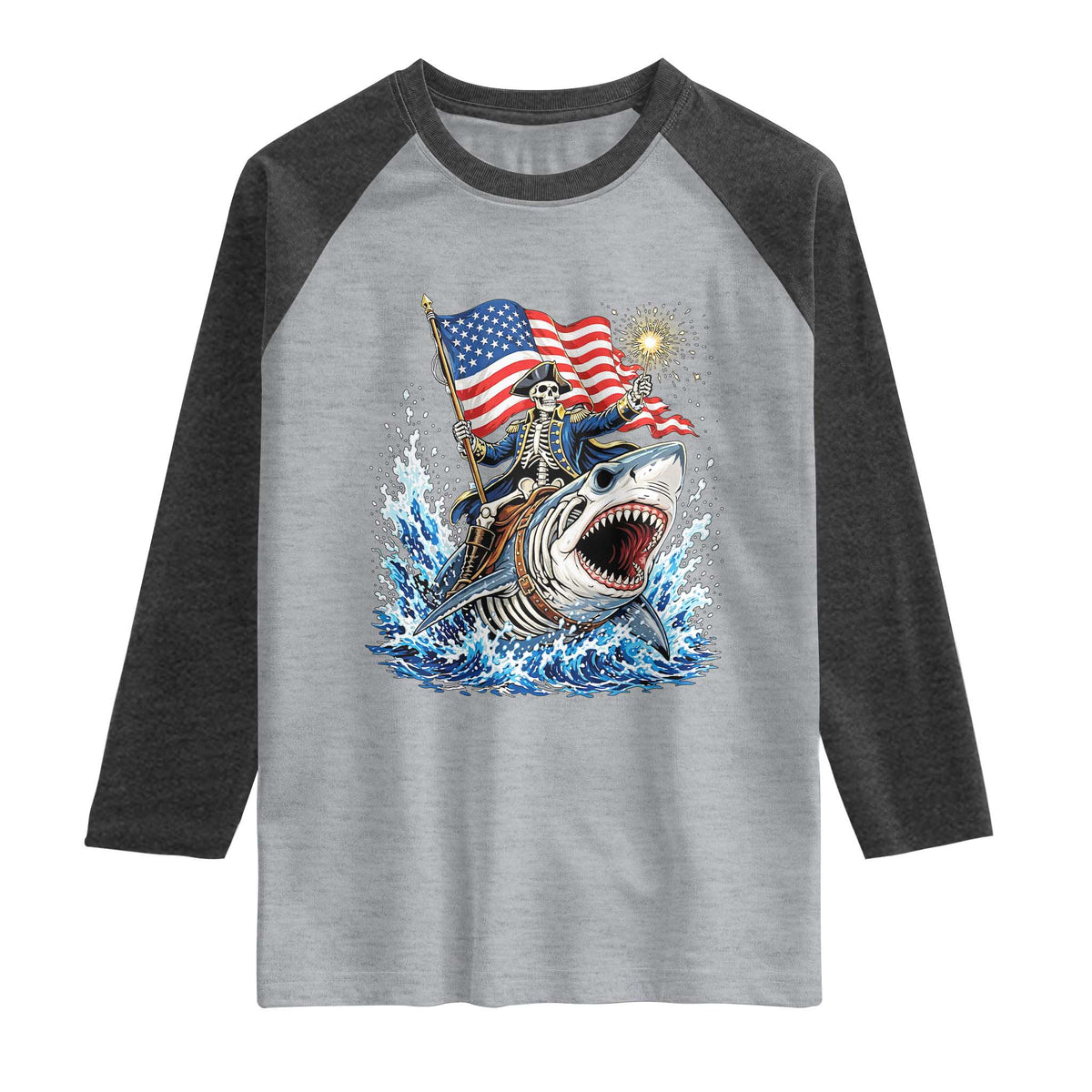 Patriotic Skeleton Pirate Riding Shark Raglan Shirt American Ocean Pride