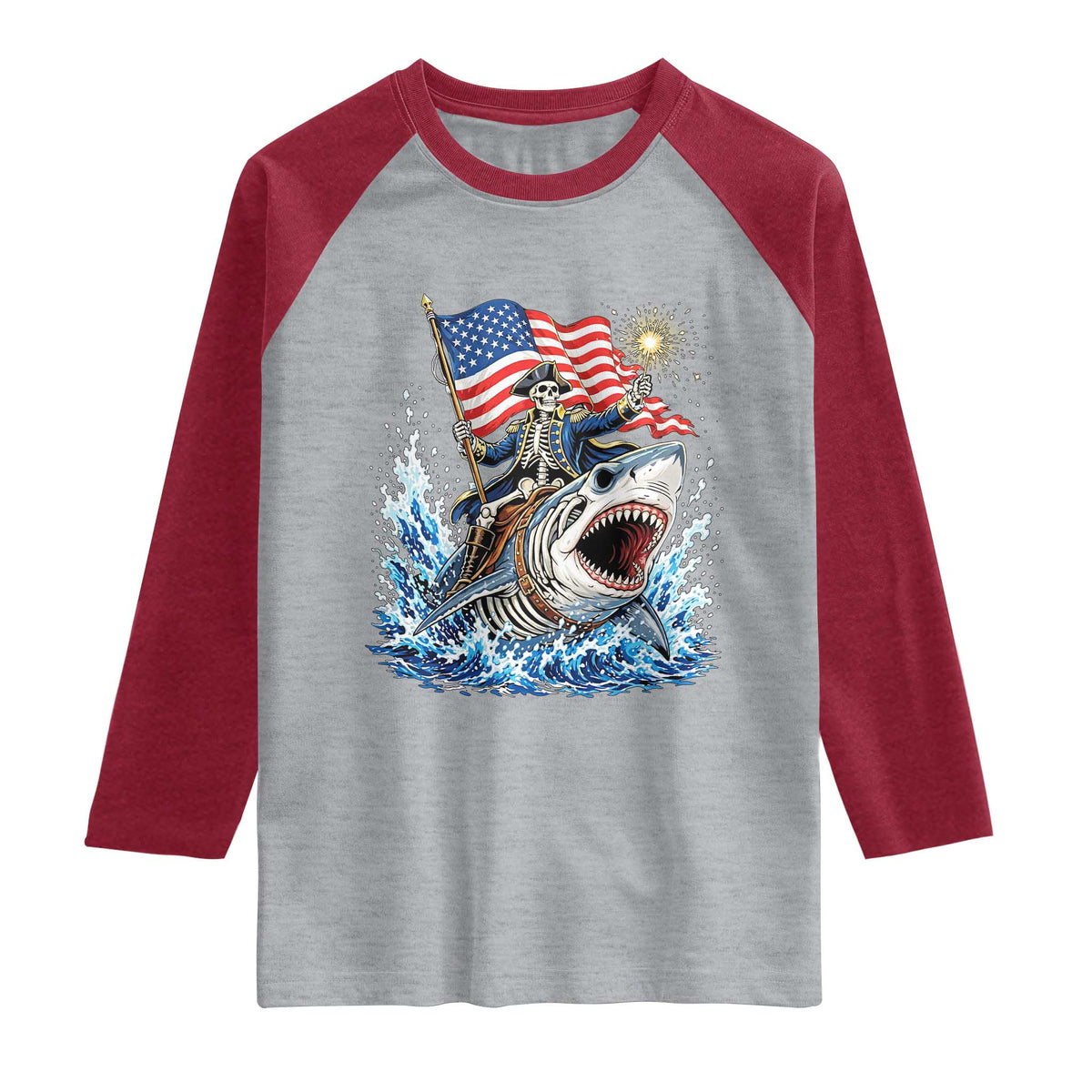 Patriotic Skeleton Pirate Riding Shark Raglan Shirt American Ocean Pride