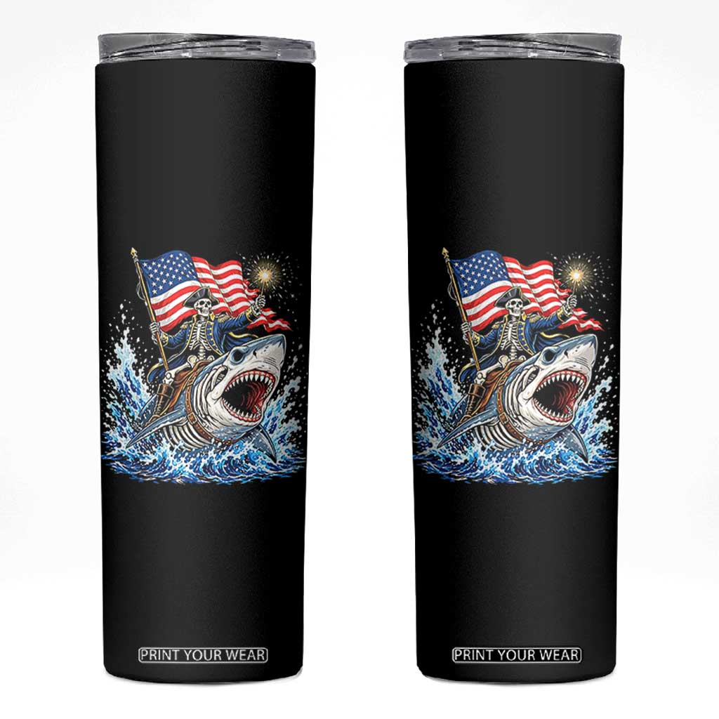 Patriotic Skeleton Pirate Riding Shark Skinny Tumbler American Ocean Pride