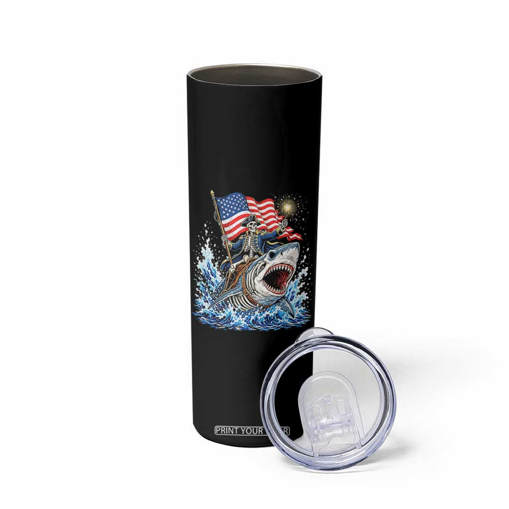 Patriotic Skeleton Pirate Riding Shark Skinny Tumbler American Ocean Pride