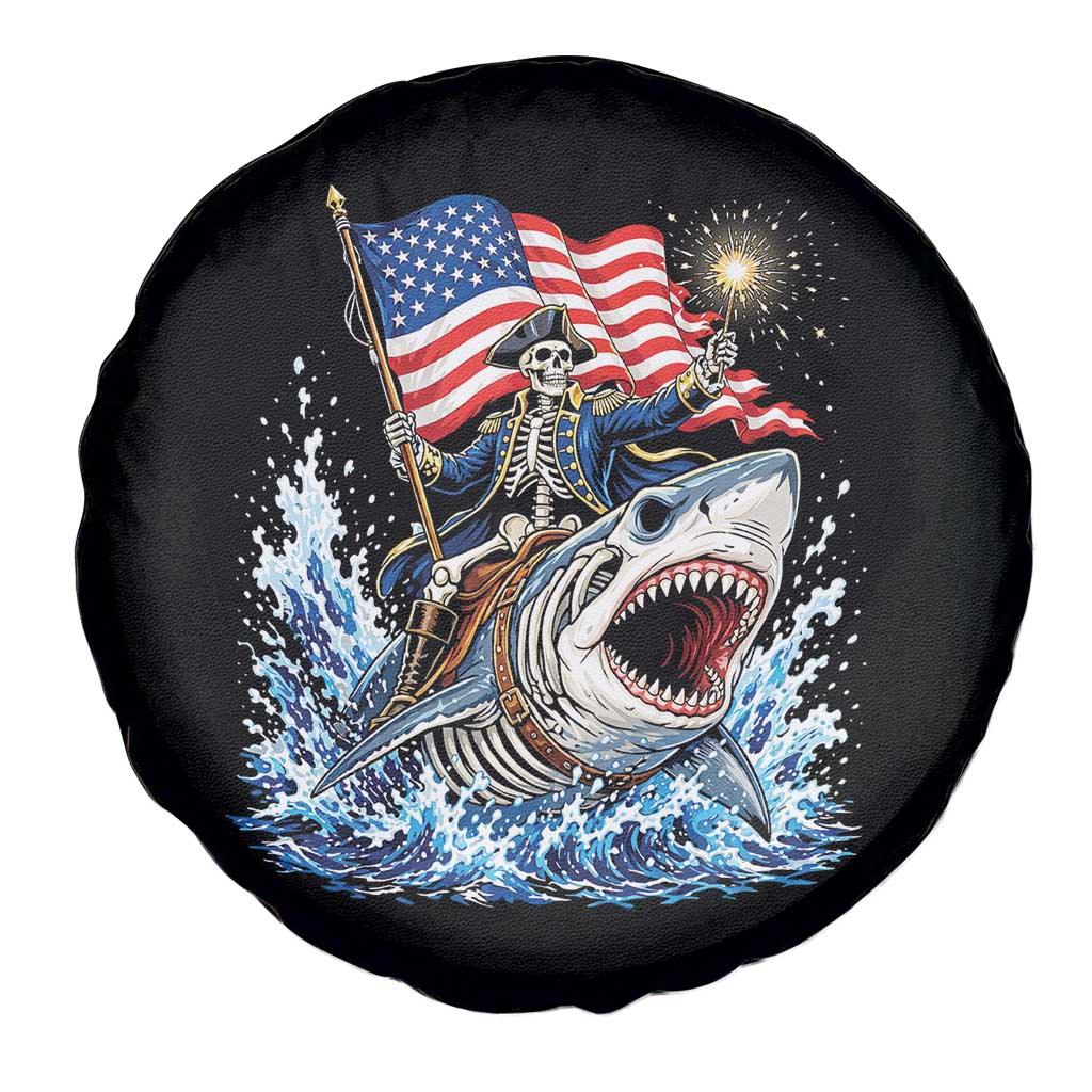 Patriotic Skeleton Pirate Riding Shark Spare Tire Cover American Ocean Pride