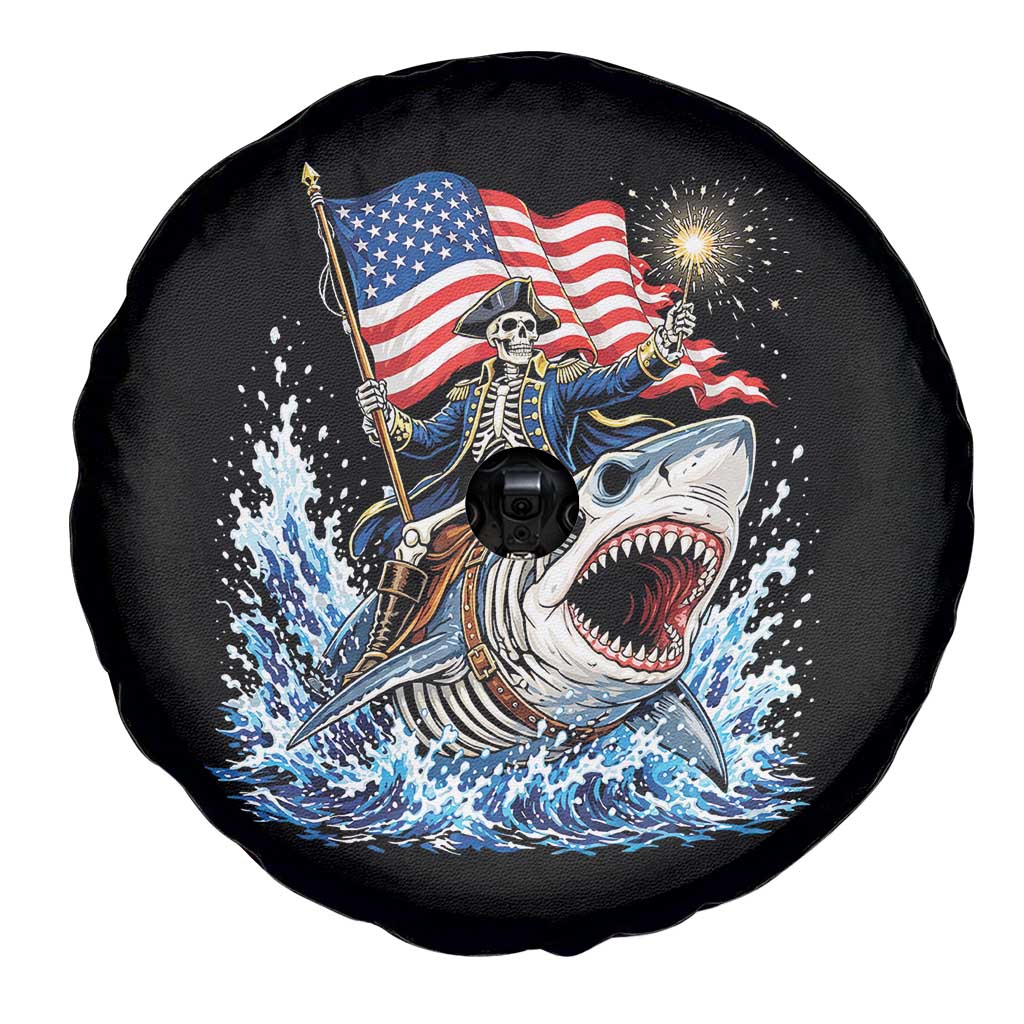 Patriotic Skeleton Pirate Riding Shark Spare Tire Cover American Ocean Pride
