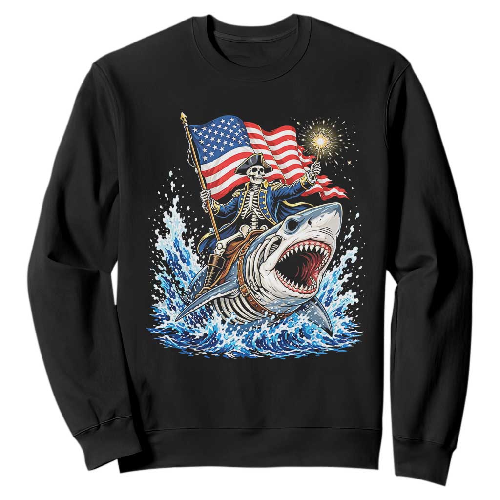 Patriotic Skeleton Pirate Riding Shark Sweatshirt American Ocean Pride