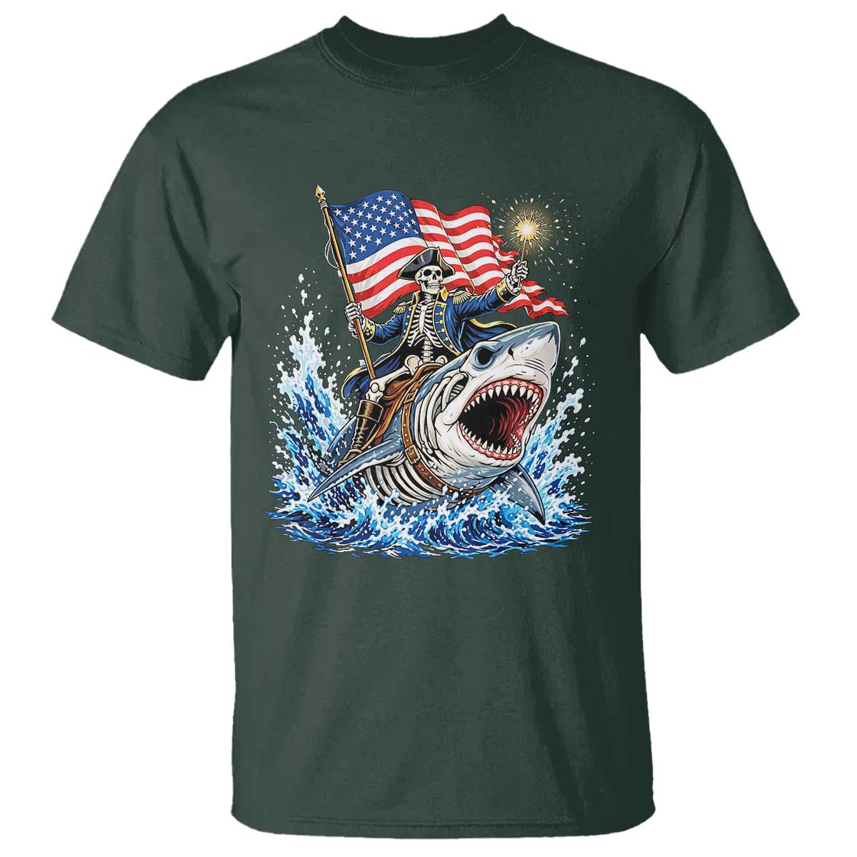 Patriotic Skeleton Pirate Riding Shark T Shirt American Ocean Pride