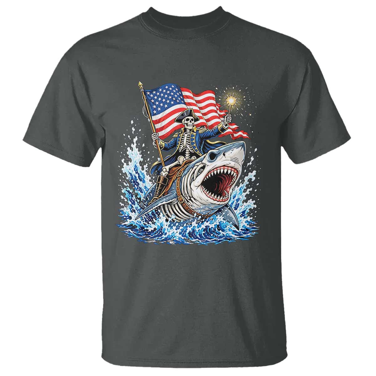 Patriotic Skeleton Pirate Riding Shark T Shirt American Ocean Pride