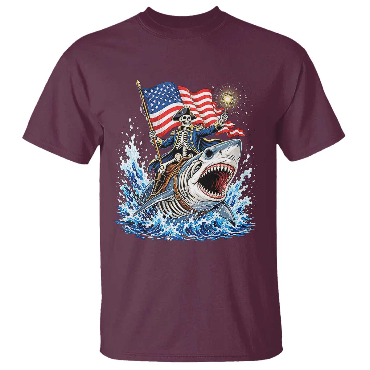Patriotic Skeleton Pirate Riding Shark T Shirt American Ocean Pride