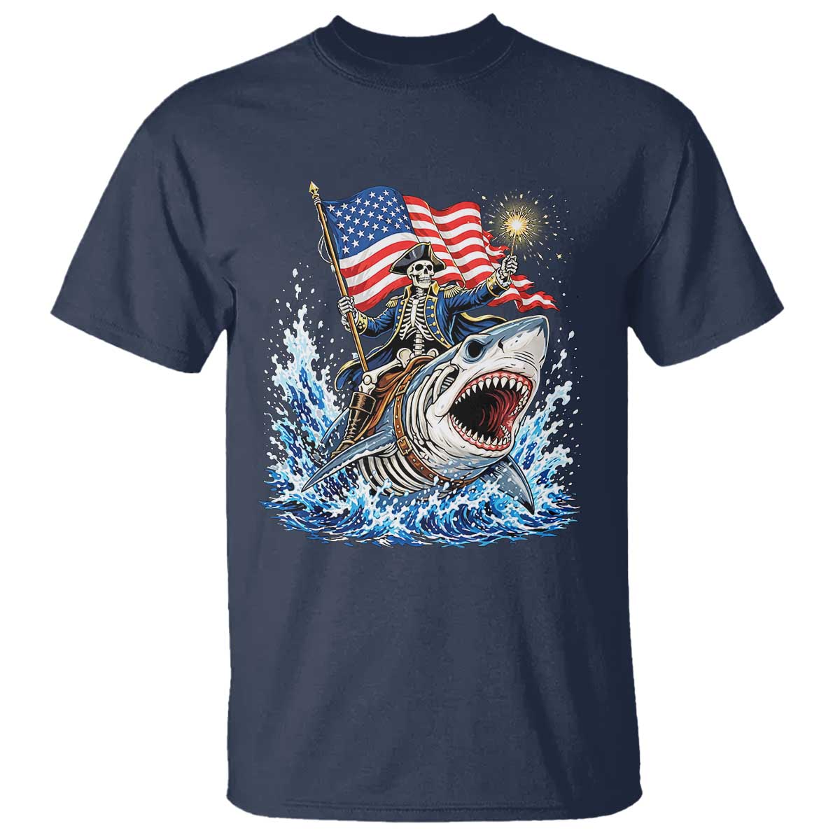 Patriotic Skeleton Pirate Riding Shark T Shirt American Ocean Pride