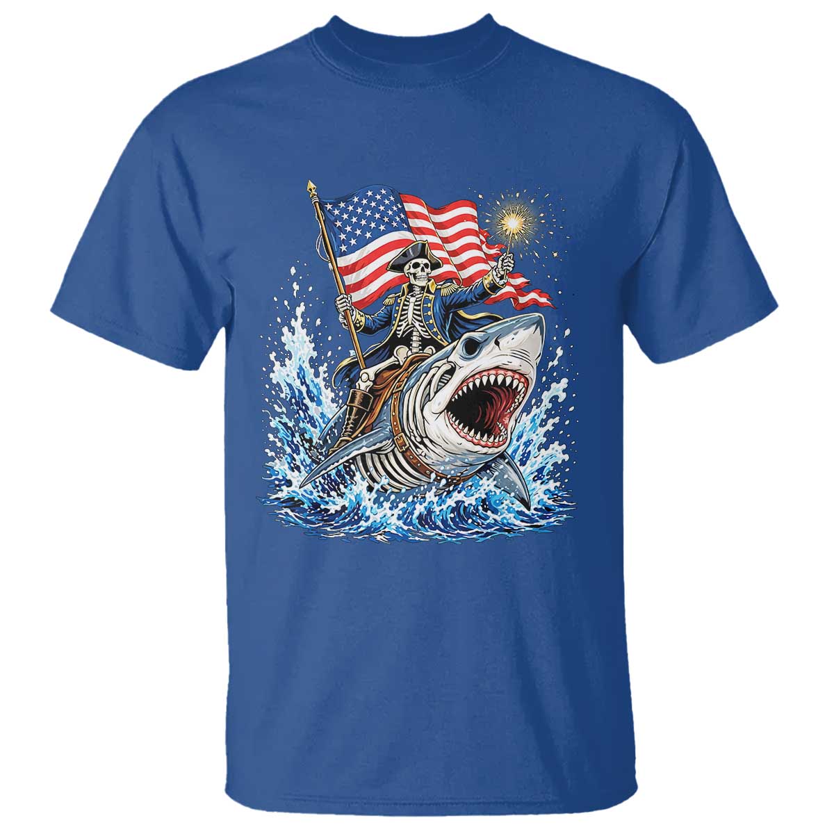 Patriotic Skeleton Pirate Riding Shark T Shirt American Ocean Pride
