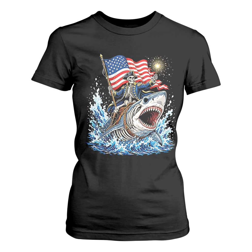 Patriotic Skeleton Pirate Riding Shark T Shirt For Women American Ocean Pride