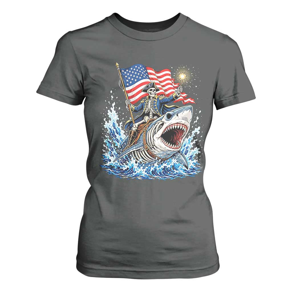 Patriotic Skeleton Pirate Riding Shark T Shirt For Women American Ocean Pride