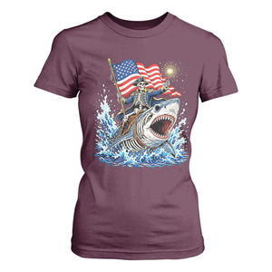 Patriotic Skeleton Pirate Riding Shark T Shirt For Women American Ocean Pride