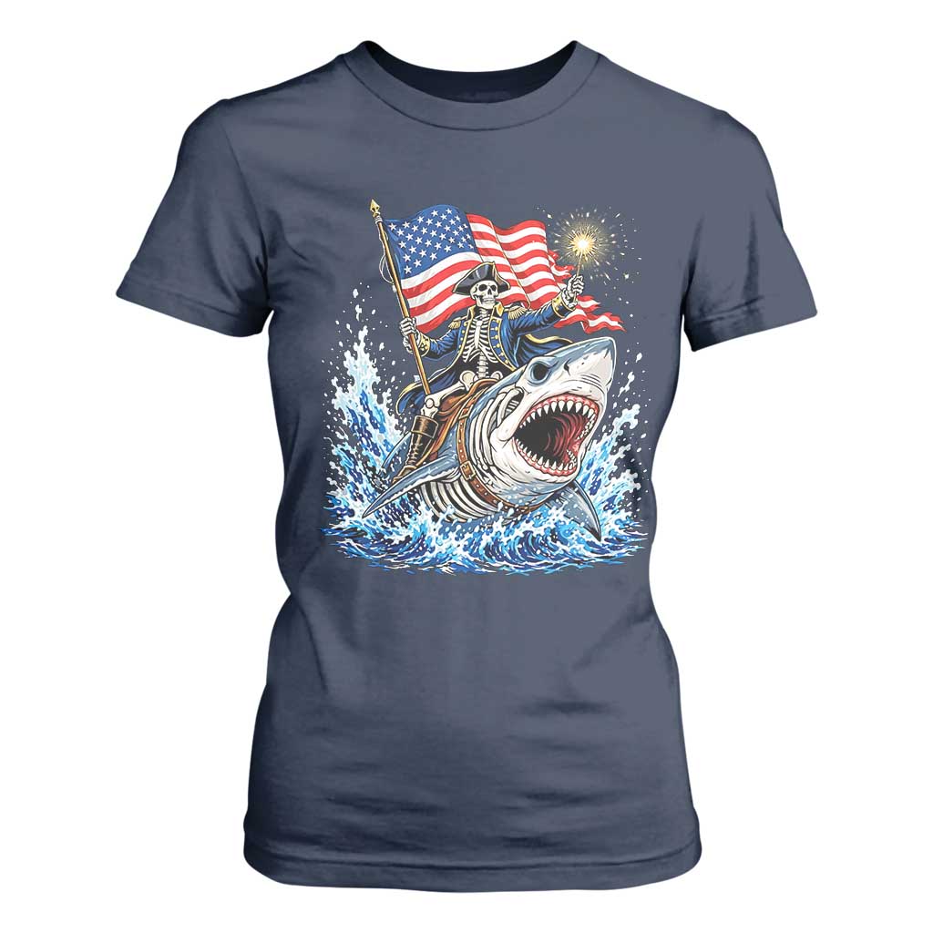 Patriotic Skeleton Pirate Riding Shark T Shirt For Women American Ocean Pride