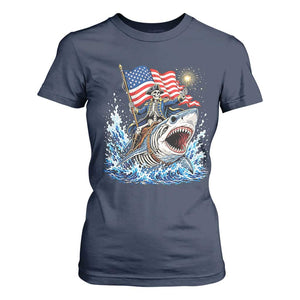 Patriotic Skeleton Pirate Riding Shark T Shirt For Women American Ocean Pride