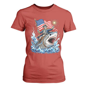 Patriotic Skeleton Pirate Riding Shark T Shirt For Women American Ocean Pride
