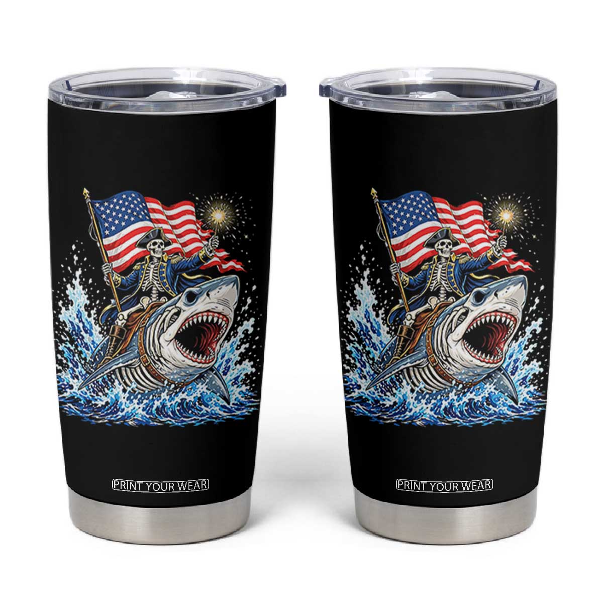 Patriotic Skeleton Pirate Riding Shark Tumbler Cup American Ocean Pride