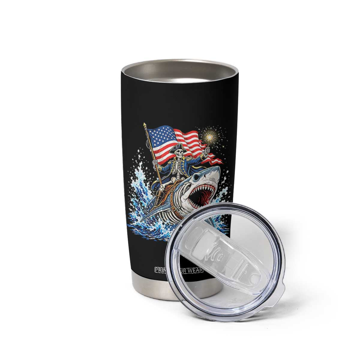 Patriotic Skeleton Pirate Riding Shark Tumbler Cup American Ocean Pride