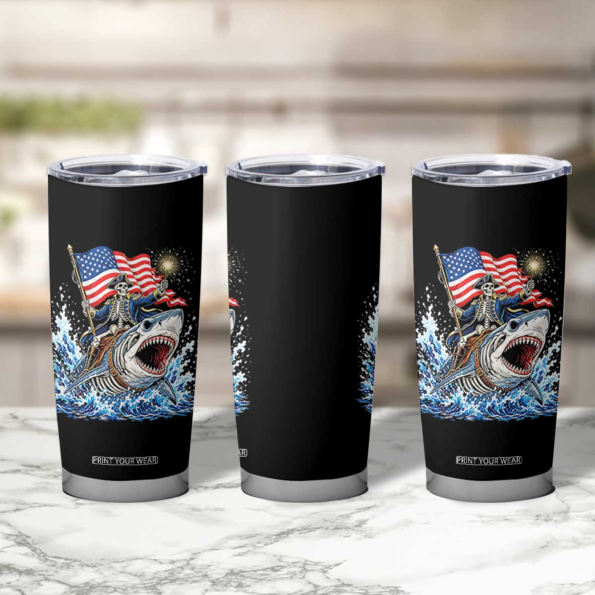 Patriotic Skeleton Pirate Riding Shark Tumbler Cup American Ocean Pride