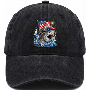 Patriotic Skeleton Pirate Riding Shark Washed Cotton Baseball Cap American Ocean Pride