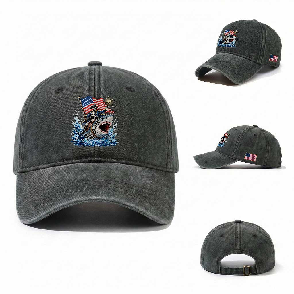 Patriotic Skeleton Pirate Riding Shark Washed Cotton Baseball Cap American Ocean Pride