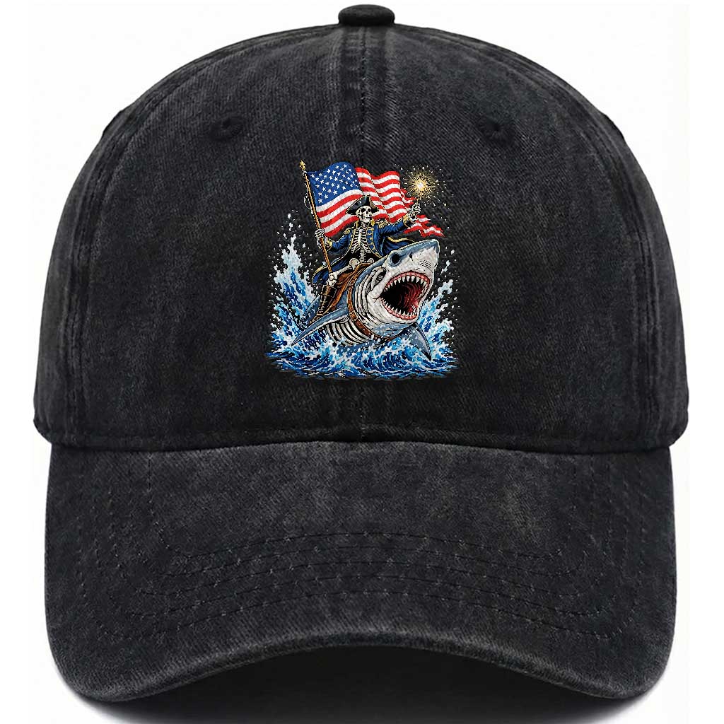 Patriotic Skeleton Pirate Riding Shark Washed Cotton Baseball Cap American Ocean Pride TS12 Print Your Wear