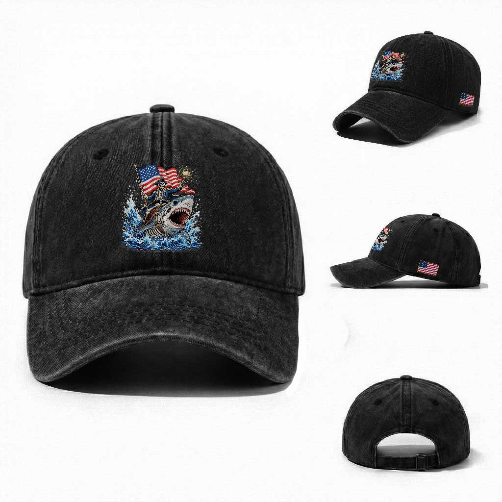 Patriotic Skeleton Pirate Riding Shark Washed Cotton Baseball Cap American Ocean Pride