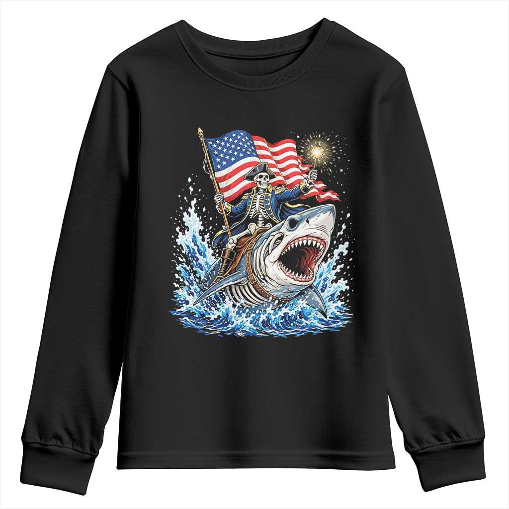Patriotic Skeleton Pirate Riding Shark Youth Sweatshirt American Ocean Pride