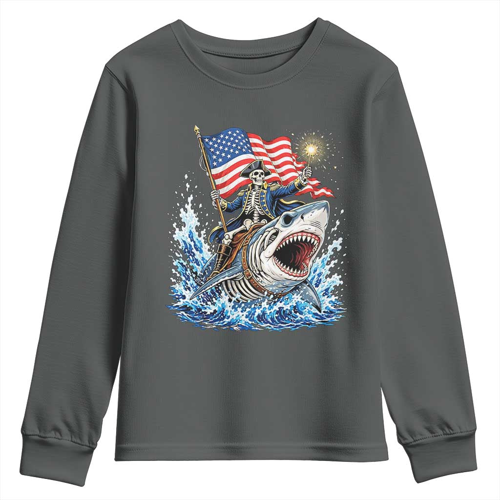 Patriotic Skeleton Pirate Riding Shark Youth Sweatshirt American Ocean Pride