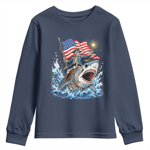 Patriotic Skeleton Pirate Riding Shark Youth Sweatshirt American Ocean Pride