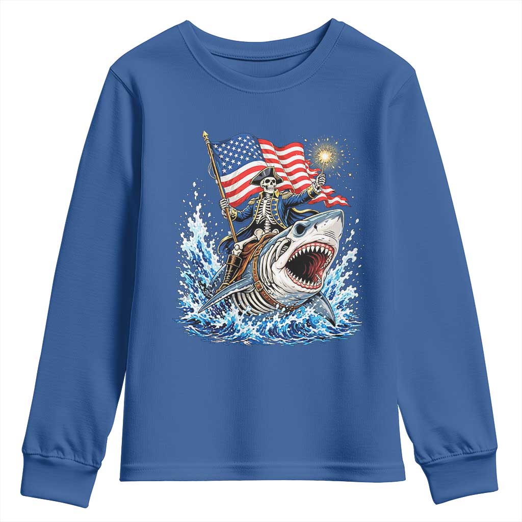 Patriotic Skeleton Pirate Riding Shark Youth Sweatshirt American Ocean Pride