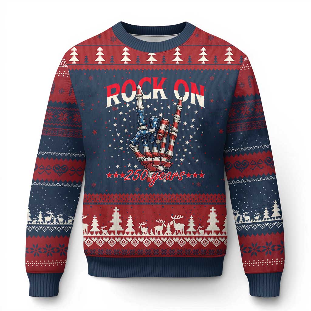 Patriotic Rocker Skeleton Hand Ugly Christmas Sweater Rock On 250 Years TS12 Navy Red Print Your Wear