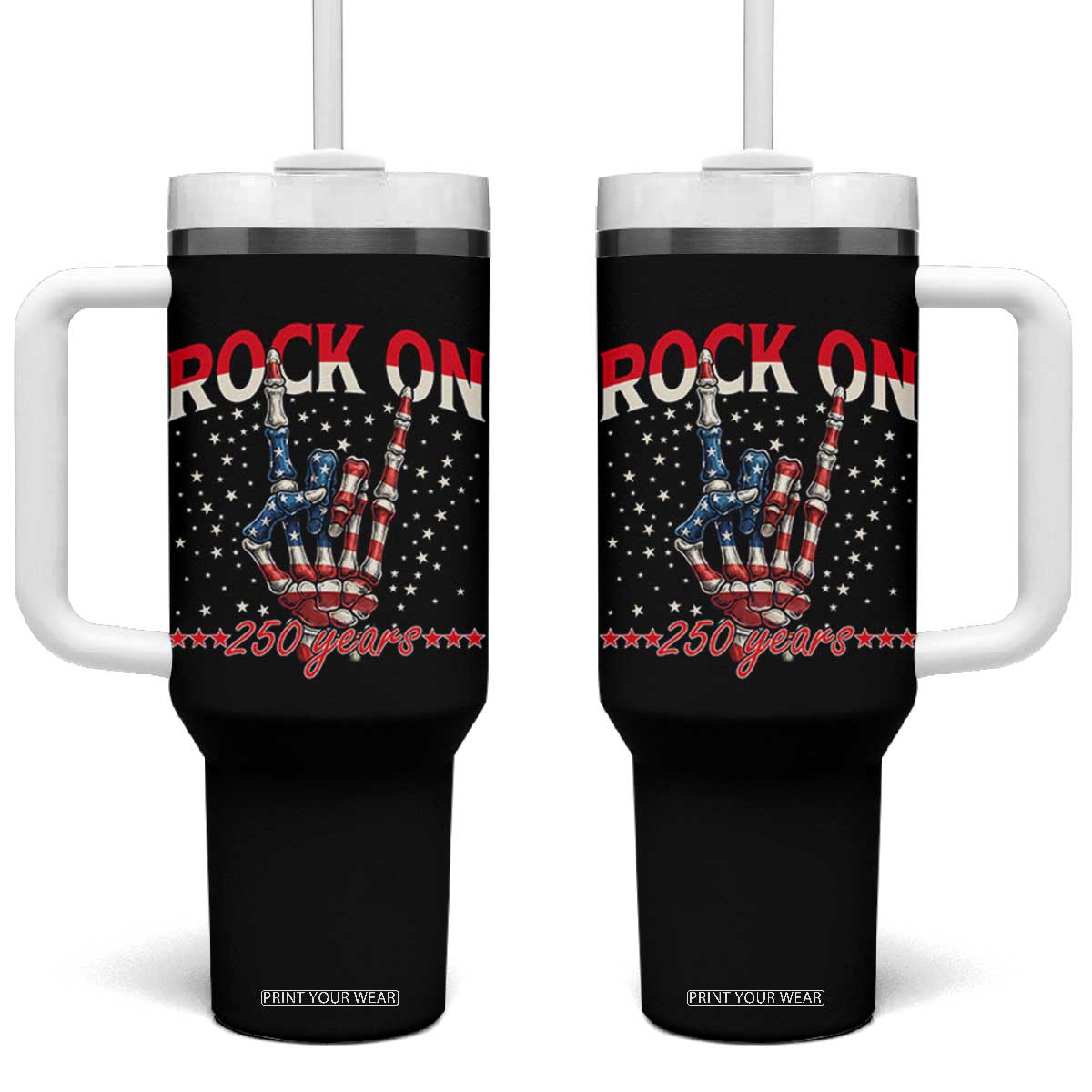 Patriotic Rocker Skeleton Hand Tumbler With Handle Rock On 250 Years