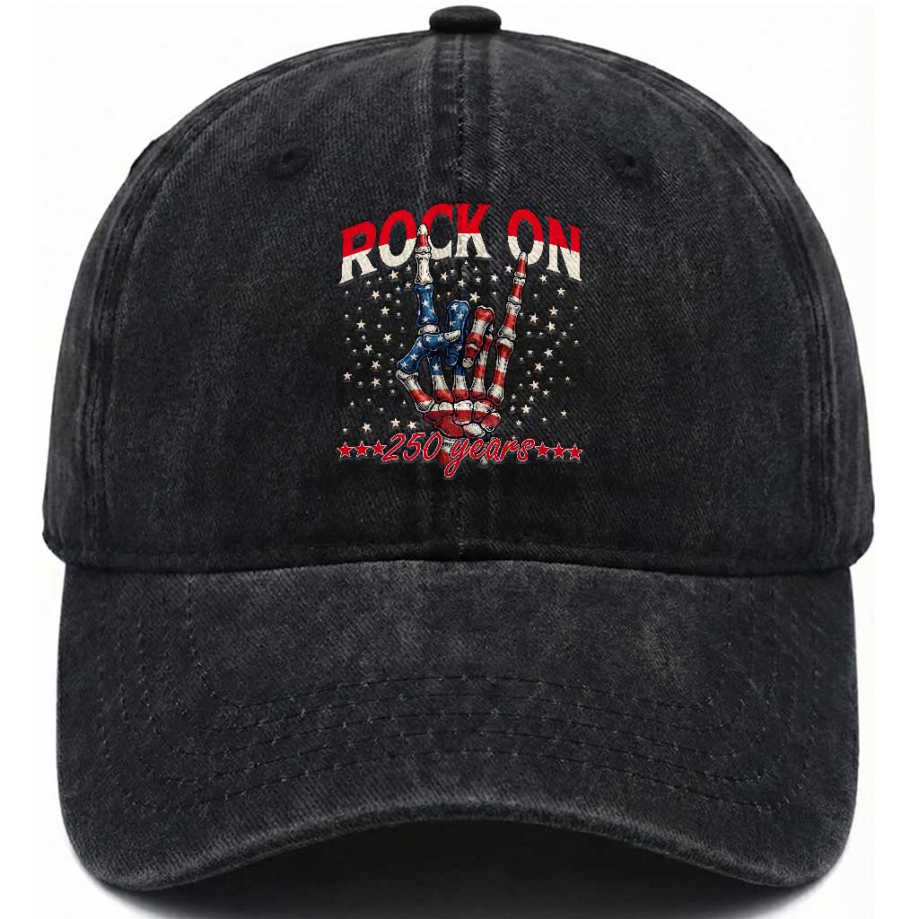 Patriotic Rocker Skeleton Hand Washed Cotton Baseball Cap Rock On 250 Years