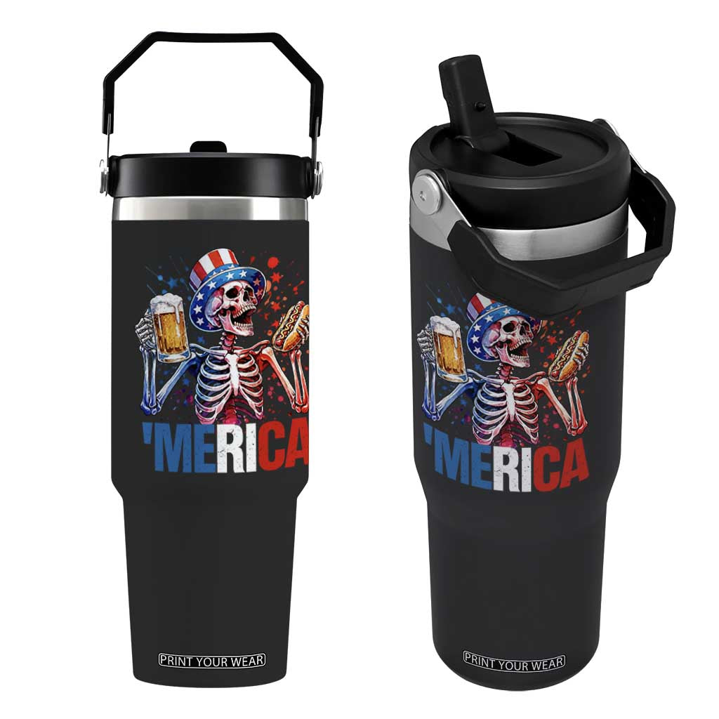 Red White And Blue Skeleton Party Flip Straw Tumbler American Freedom Vibes